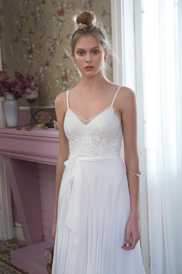 Dress No.4 from Tali Handel wedding dresses 2016 -Chiffon a-line skirt with delciate tie. Lace emboidered overlay on the bodice with embellished shoe string straps -  see the rest of the collection on onefabday.com