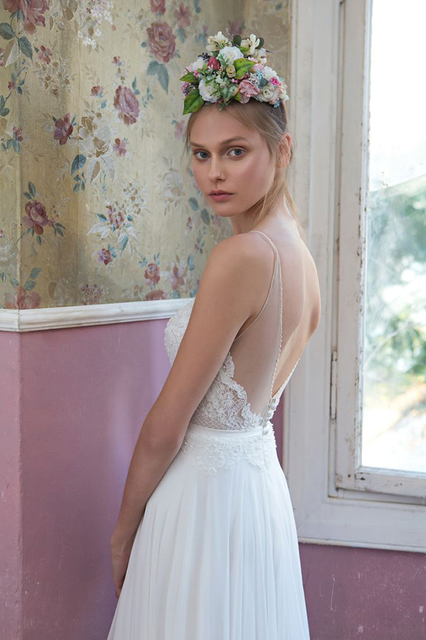 Dress No.5 from Tali Handel wedding dresses 2016 - Low open back dress with tiny bottonn detailing at the base of the dress. Sheer panels on the side with tattoo of lace coming around the sides of the dress. Chiffon skirt-  see the rest of the collection on onefabday.com