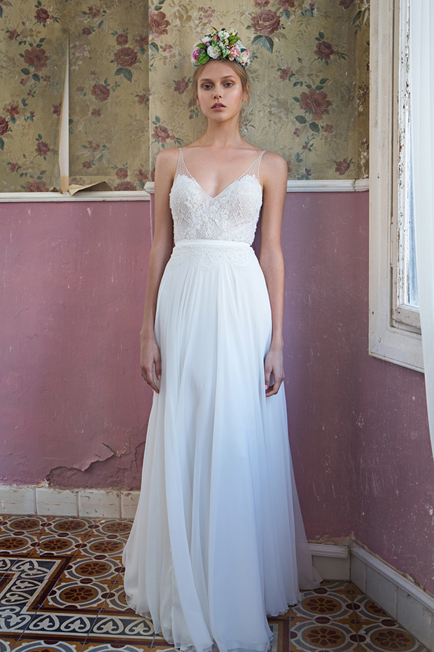 Dress No.5 from Tali Handel wedding dresses 2016 - V-Neck line bodice with frindged detailing below the waist line. Sheer lace on the shoulder and embelished detailing on the bodice. Full a-line chiffon skirt-  see the rest of the collection on onefabday.com