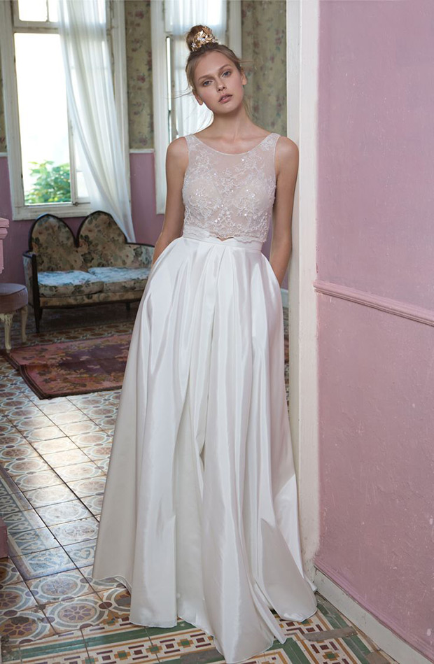 Dress No.6  from Tali Handel wedding dresses 2016 - Satin high waisted full shirt with slightly pleated. Sheer crop top, with high neckline. Tattoo embroidered lace with small crystal embellishment see the rest of the collection on onefabday.com