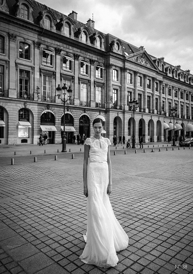 #38 from Celestina Agostino wedding dresses 2016 - High neck line with slight capped sleeves. A-line skirt with a lace overlay throughout the dress. Delicate wasit band and fringing on the sleeves-  see the rest of the collection on onefabday.com