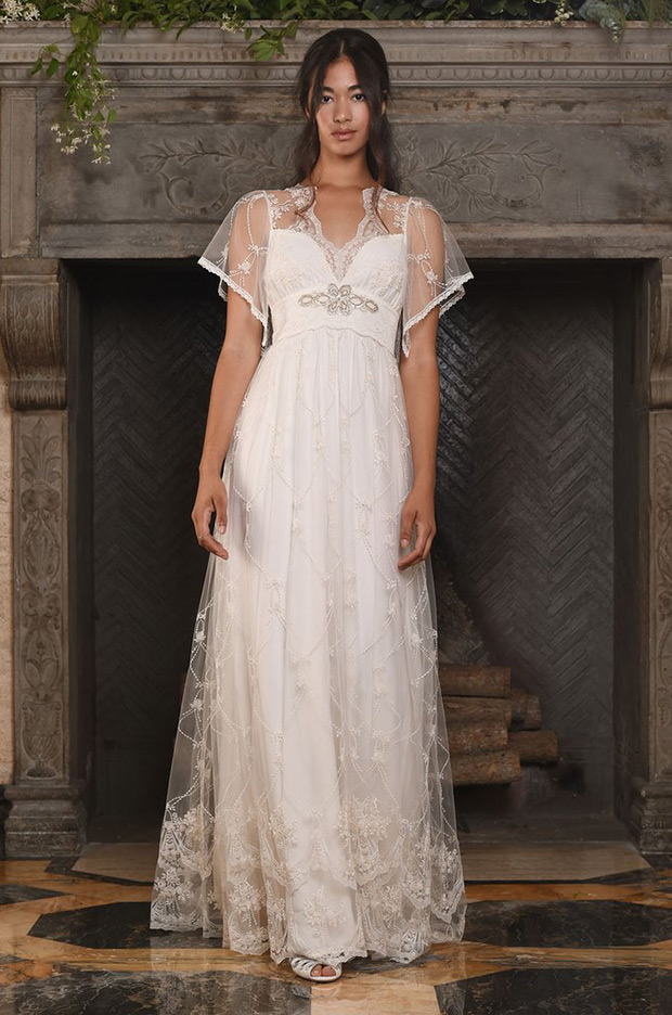 Theia from Claire Pettibone wedding dresses 2017 -Empire silhouette,scalloped neckline, flutter sleeves, .Delicate french emboidered tulle. Delicate detailing and jeweled apllique.-  see the rest of the collection on onefabday.com