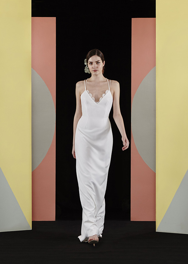 Stellan from Charlie Brear wedding dresses 2017 - Sheath silhouette dress with a v-neckline and shoestring straps with lace edging-  see the rest of the collection on onefabday.com