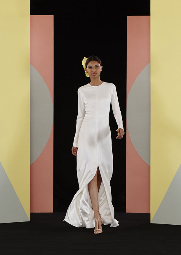 Talaia from Charlie Brear wedding dresses 2017 - Sandwashed silk dress with open slit in the front. Long sleeves and high neck -  see the rest of the collection on onefabday.com