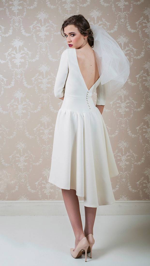 Daniela Dress from White Alice wedding dresses 2017 - Boat-neck-with-french-sleeves-skirt-with-high-low-back-  see the rest of the collection on onefabday.com