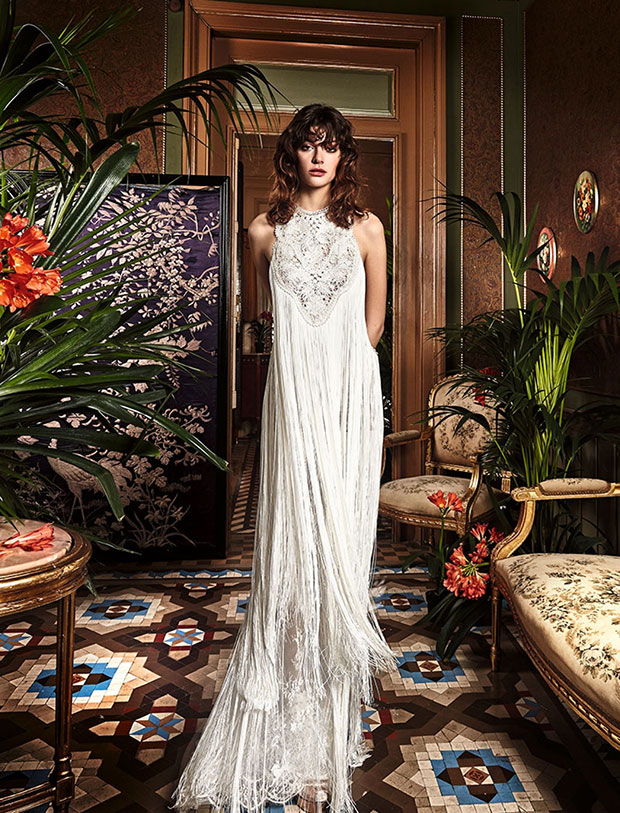 Pasiflora from Yolan Cris Boho wedding dresses 2017 - Silk fringe with a waterfall effect from the neckline to the knee. - see the rest of the collection on onefabday.com