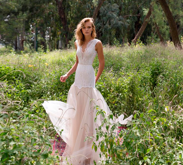 Eve from Limor Rosen wedding dresses 2017 - Delicate beaded lace,illusion front and back. Deep blush tulle skirt- see the rest of the collection on onefabday.com