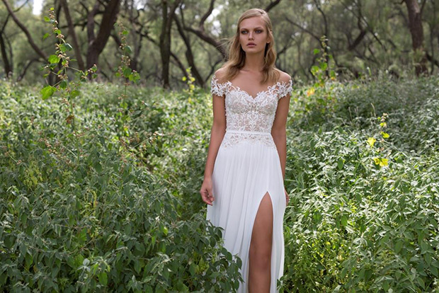 Iris from Limor Rosen wedding dresses 2017 - Off the shoulder,hand sewn with beaded lace detailing. Rushed chiffon skirt with a slit- see the rest of the collection on onefabday.com