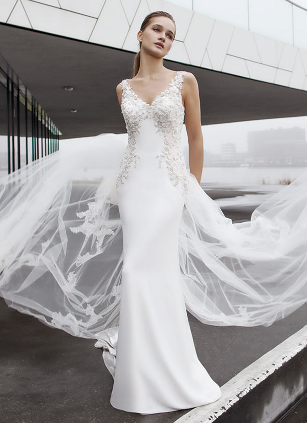 Beatrice from Modeca wedding dresses 2018 - Figure hugging, v neckline with  crepe and lace.-  see the rest of the collection on onefabday.com