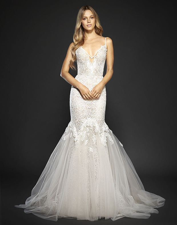 Rae from Hayley Paige wedding dresses Spring 2017 - Chardonnany lace fit  to flare gown. Ivory lace with nude lining.v-neckline with scallop and trim accent.-  see the rest of the collection on onefabday.com