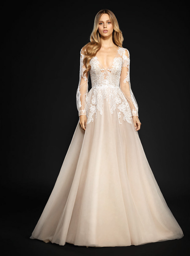 Winnie from Hayley Paige wedding dresses Spring 2017- Draped v-neck with tulle ball gown.Dream catcher sleeves with ivory lace applique-  see the rest of the collection on onefabday.com