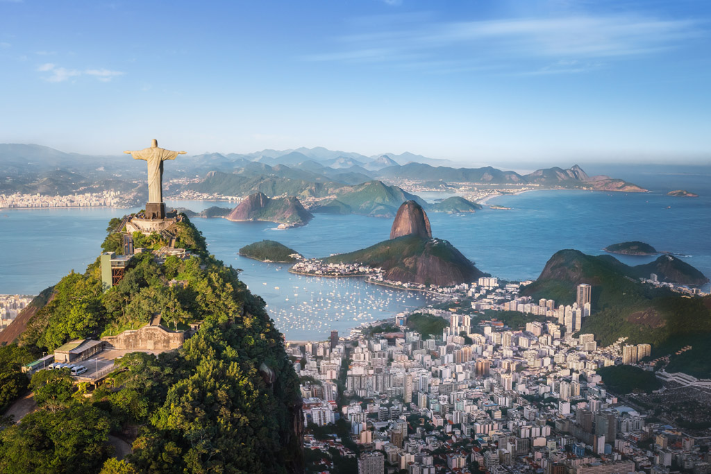 Aerial view of Rio with Corcovado Mountain, Sugarloaf Mountain and Guanabara Bay - Rio de Janeiro, Brazil