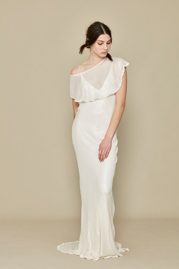 Angel-Gown-A- La- Robe-2017-Collection- Silk sheath gown with shoe string straps and a v-neckline, Off the shoulder shimmer cape. To see more visit onefabday.com