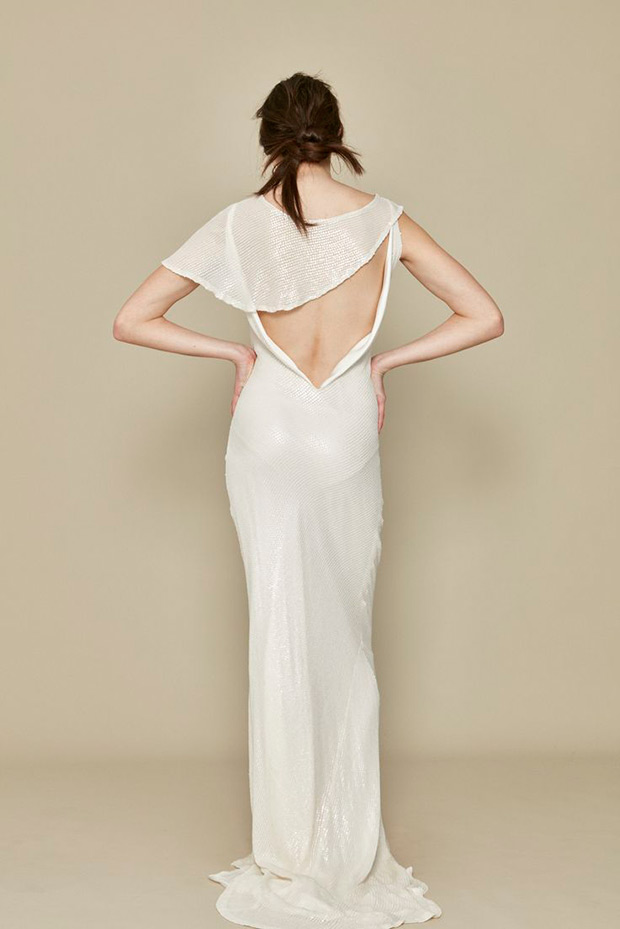 Angel Gown-star-cape-A-la-Robe-2017-collection- Plunging back neckline in a sheath silk silhouette. Sheer detailed cape. To see more visit onefabday.com 