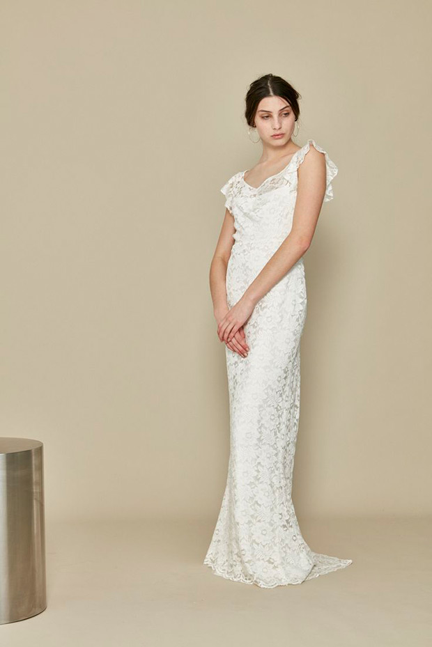 Iris-A-La-Robe-2017-Collection-Round neck with capped sleeves, sheath gown with a embroidered lace overlay. To see more visit onefabday.com