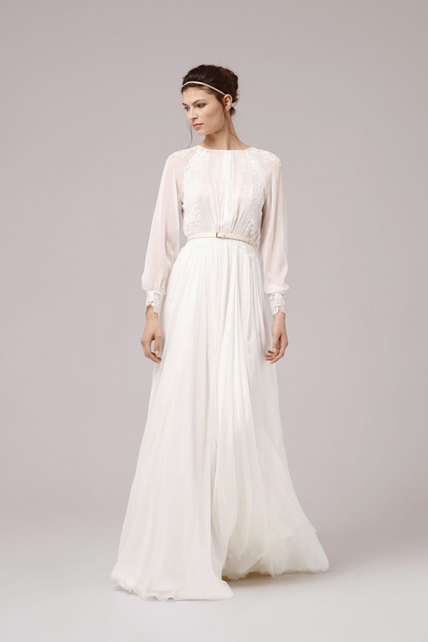 Olga Gown from Anna Kara wedding dresses 2017 - Bohemian chiffon dress with long sleeves with floral lace detailing on the sleeves. Floral lace on the bodice, delicate belt around the natural waist line. Loose chiffon skirt. - see the rest of the collection on onefabday.com