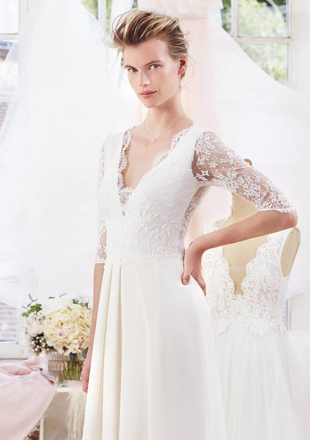 Adonis from Atelier Emelia wedding dresses 2018 - V-neck line with 3/4 length sleeves. Silk gown with ,Calais lace on the bust.- see the rest of the collection on onefabday.com