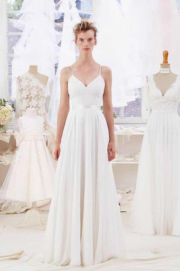 Alana from Atelier Emelia wedding dresses 2018 - Silk chiffon dress,shoe string straps. Silk belt on natural waist line. Calais lace on the bodice.- see the rest of the collection on onefabday.com