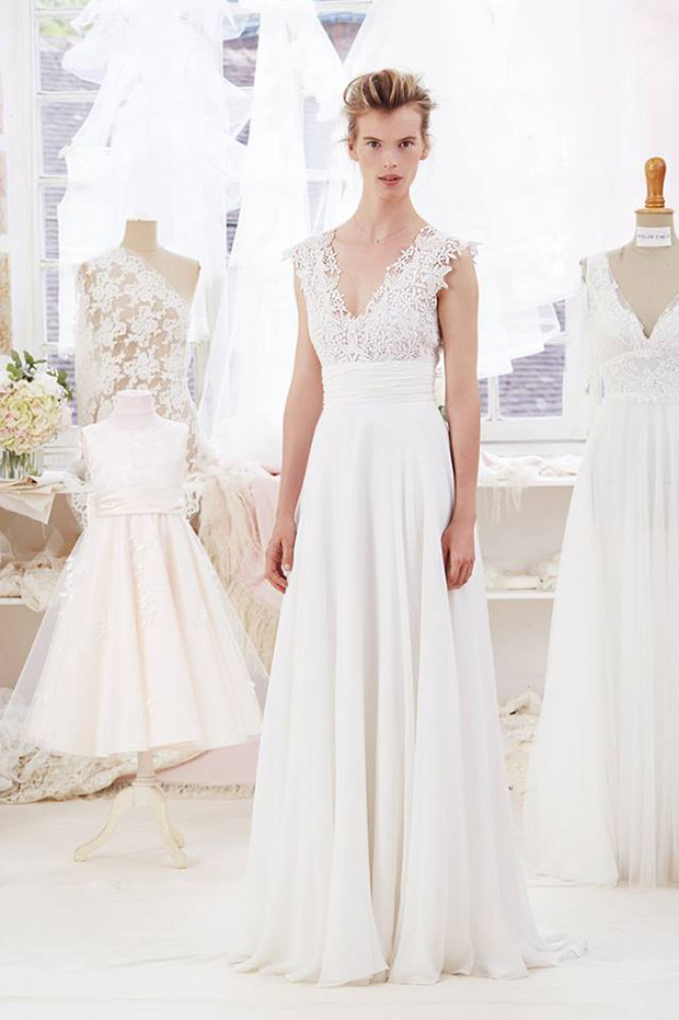 Anouchka from Atelier Emelia wedding dresses 2018 -Silk chiffon skirt, v-neck line in guipure lace. -  see the rest of the collection on onefabday.com