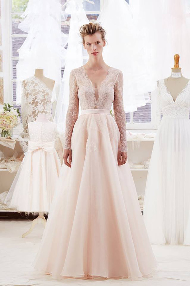 Arome Gown from Atelier Emelia wedding dresses 2018 - Deep decollete with long sleeves in Calais lace. Large silk organza skirt, belt on the natural waist line in silk organza-  see the rest of the collection on onefabday.com