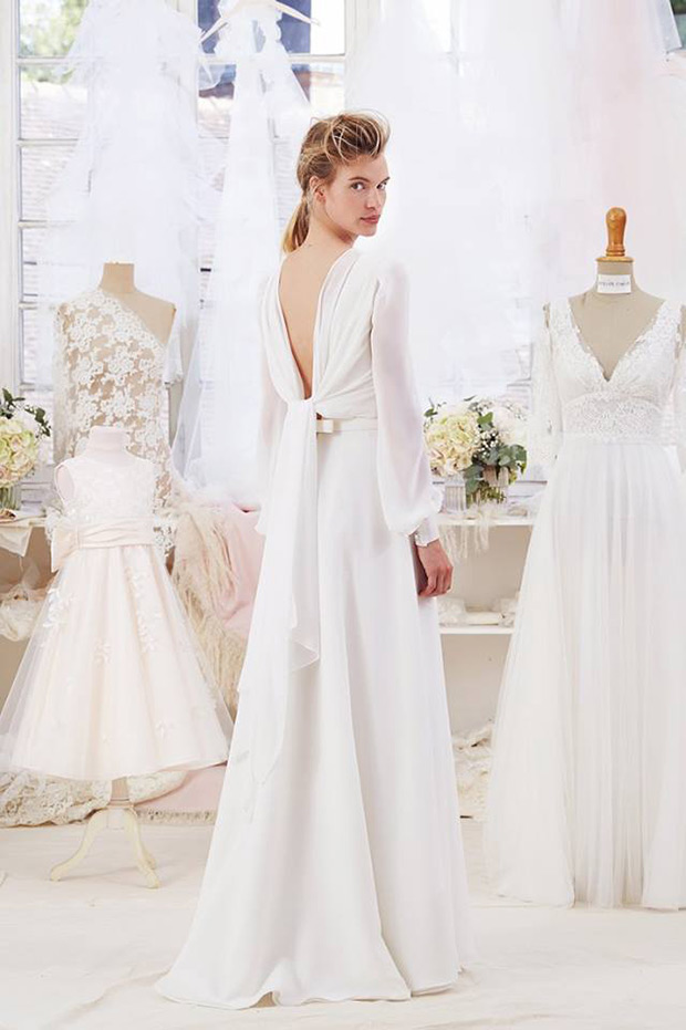 Top Airelle from Atelier Emelia wedding dresses 2018 - Chiffon top and long sleeves with silk cuffs. Tie blouse to the back. Full skirt.- see the rest of the collection on onefabday.com