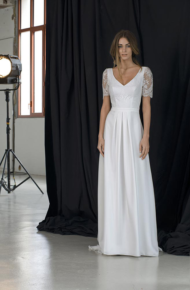 Bergman Gown from Lambert Creations wedding dresses 2018 - V-neckline with delicate lace sleeves, natural band around the waist and free flowing chiffon skirt-  see the rest of the collection on onefabday.com