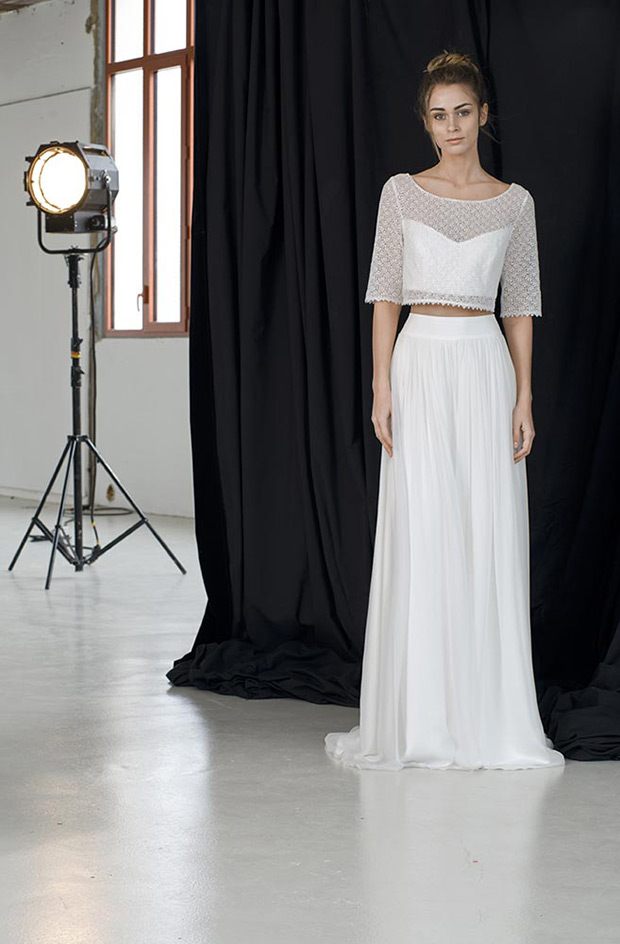 Davis Gown from Lambert Creations wedding dresses 2018 - Cropped sweetheart neckline with shoe strings with a cropped lace overlay top with capped sleeves. Natural waist and flowing skirt.-  see the rest of the collection on onefabday.com