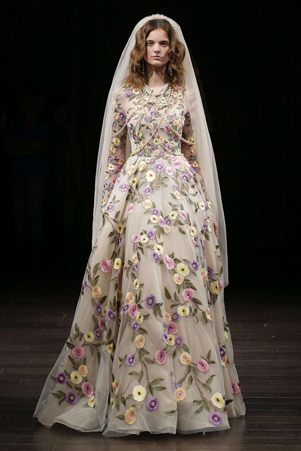 Floral Print Wedding Dress | see them all on OneFabDay.com Rialto-Naeem-Khan-Spring-2018-Ball gown silhouette with a natural waist, long sleeves and all over multi-coloured embroidery. To see more visit onefabday.com