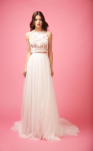 Pini-Top-Ballerina-skirt-Match-Made-Bridal-2018- Layer chiffon skirt with thick silk waist band. High neck crop top with floral appliqué detailing. To see more visit onefabday.com