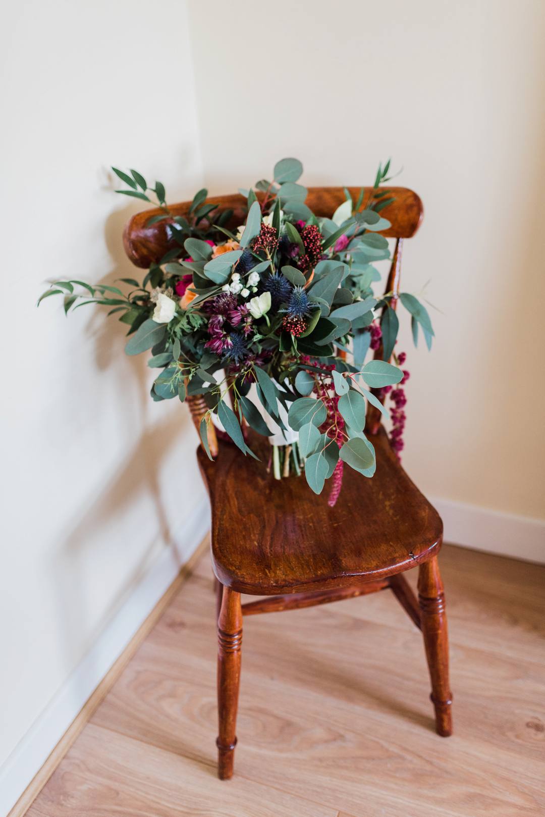 rustic christmas wedding flowers, pink, purple, thistle