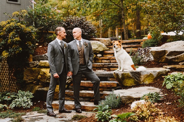 tweed suit, same sex groom style