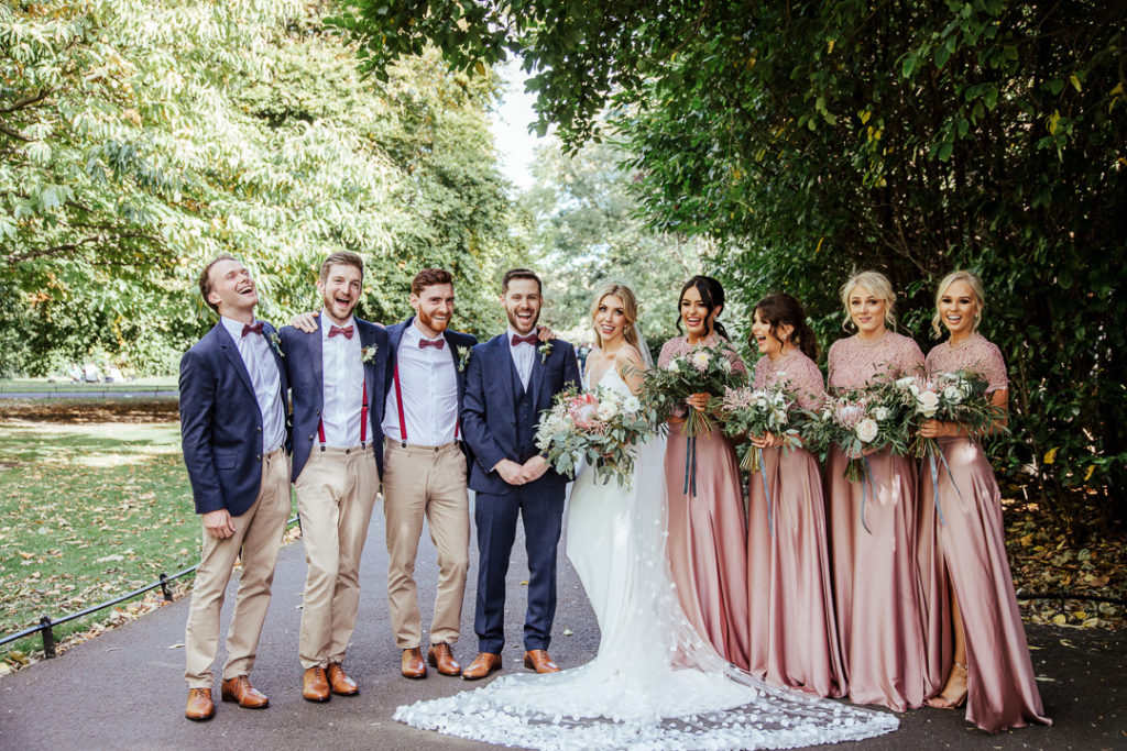 St. Stephen's Green wedding photos, smart casual groomswear, pink bridesmaids dresses, Stylish and cool Dublin City Wedding Fallon and Byrne wedding by Olga Hogan Photography (2)