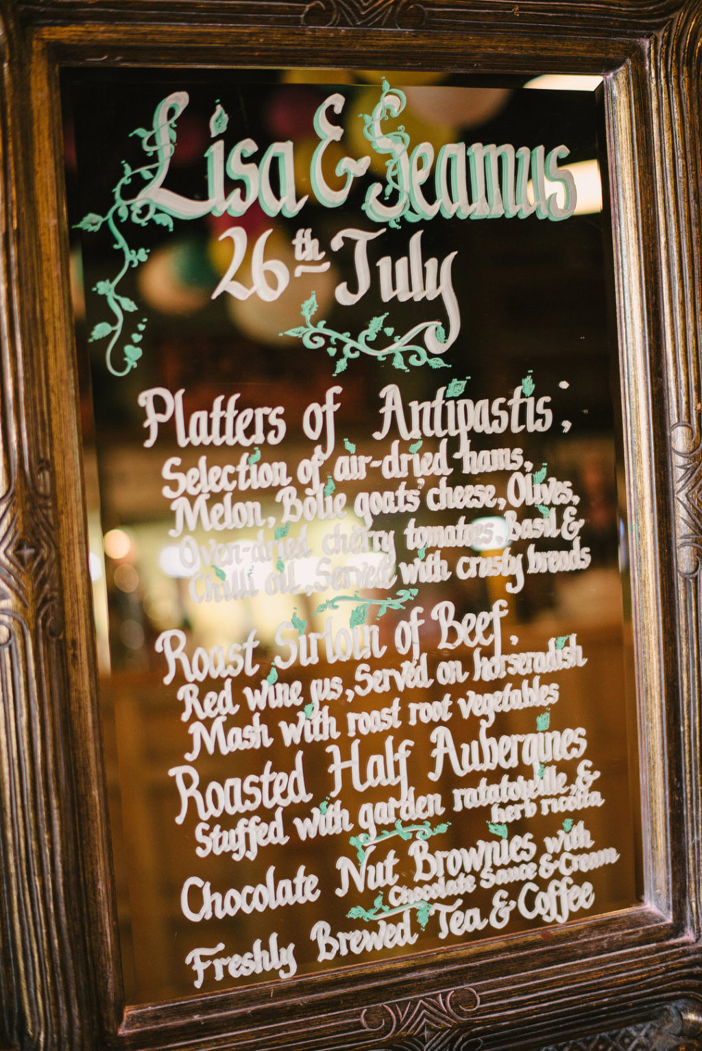 wedding menu, mirror signage