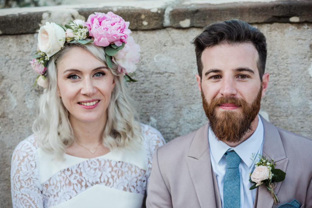 pastel pink peony wedding bouquet, pastel pink peony wedding flower crown