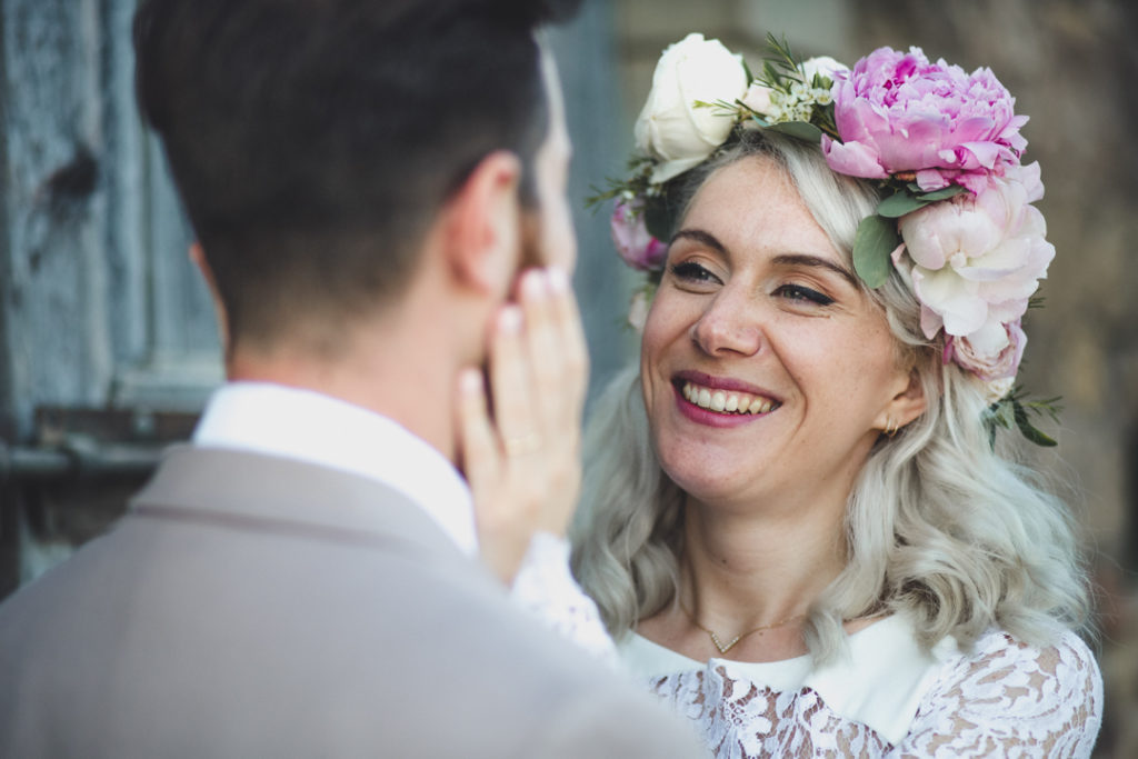 pastel pink peony wedding bouquet, pastel pink peony wedding flower crown