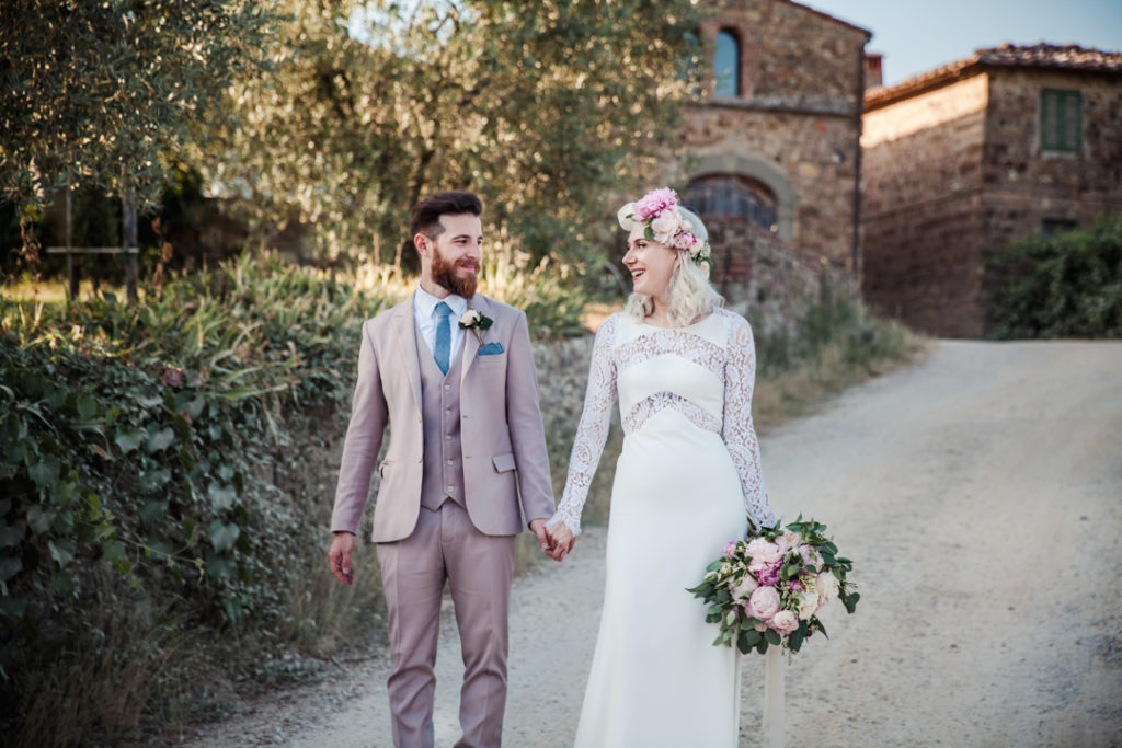 pastel pink peony wedding bouquet, pastel pink peony wedding flower crown, bold pink peony