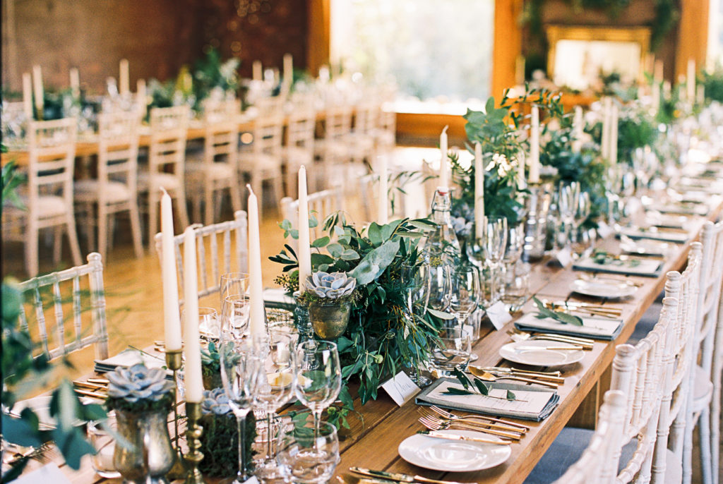 rustic, romantic and elegant wedding decor, vintage candlesticks, greenery