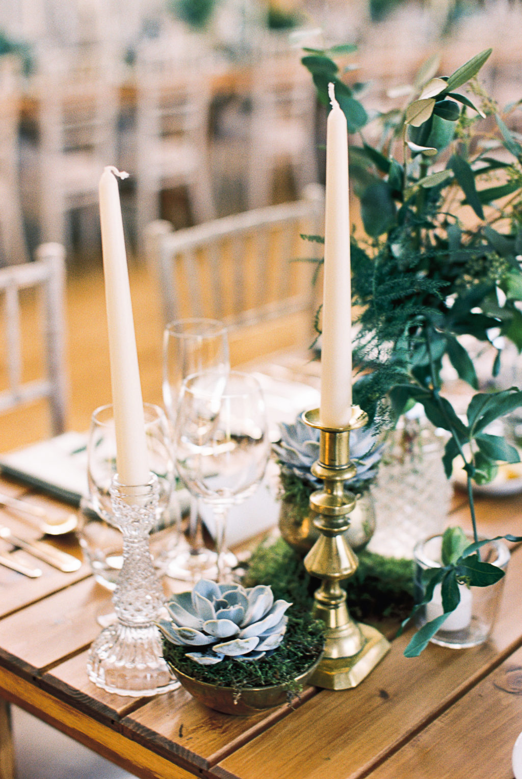 rustic, romantic and elegant wedding decor, vintage candlesticks, greenery