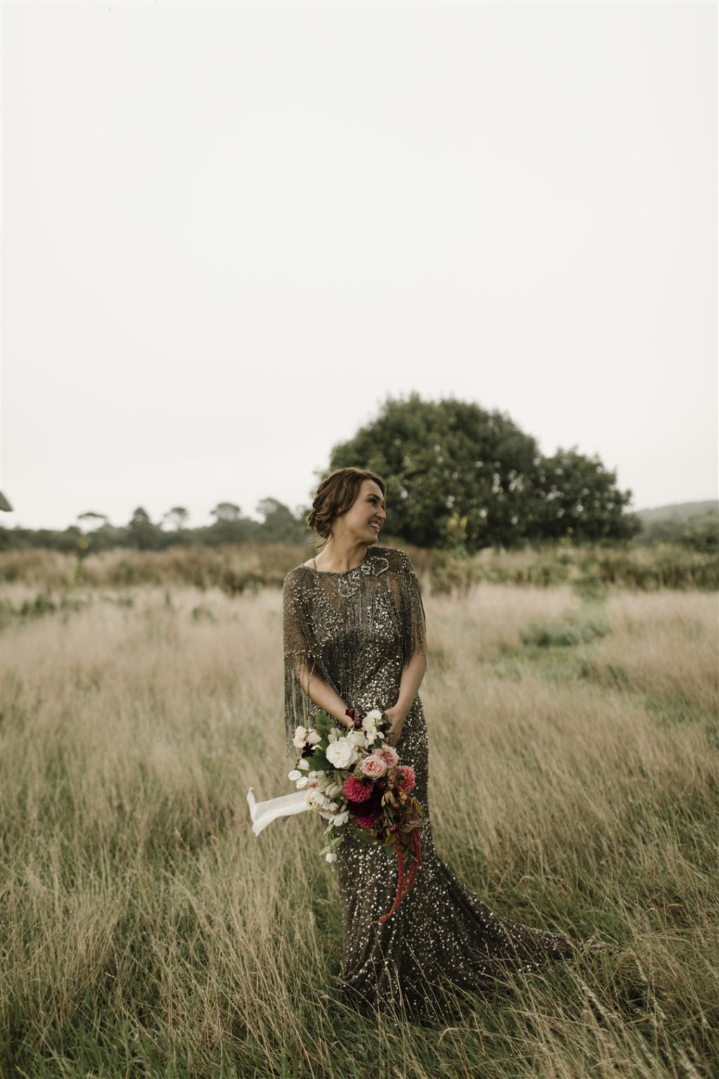 pewter wedding dress, silver wedding dress, embellished wedding dress, coloured wedding dress, grey wedding dress