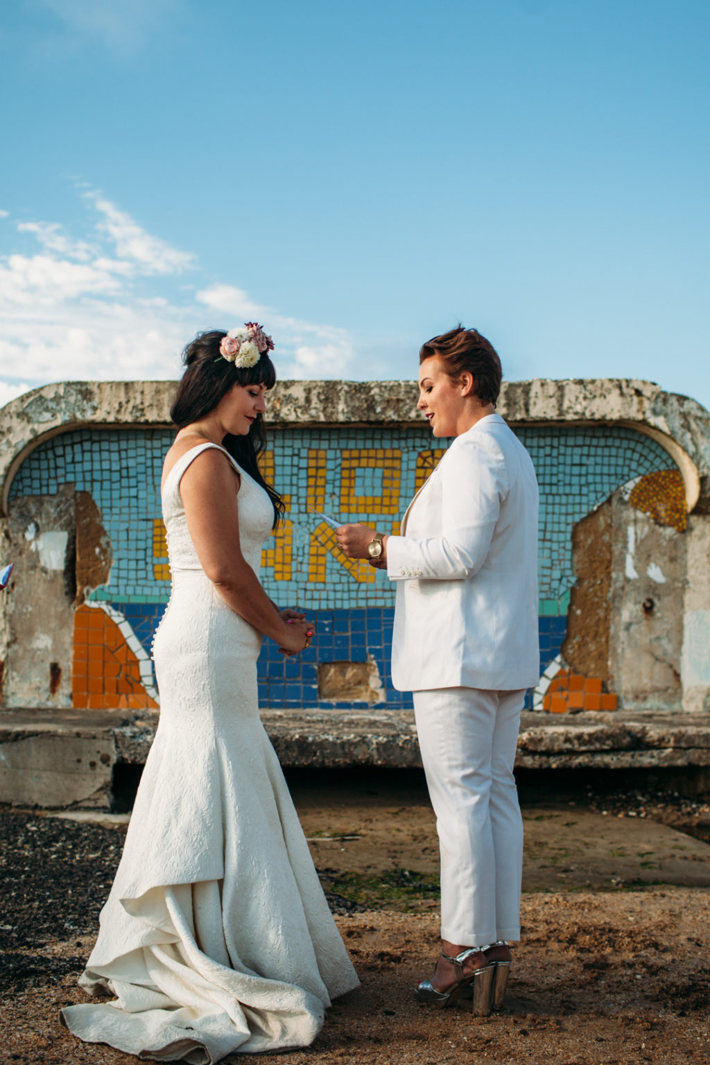 flower crown bride, bridal suit, white wedding suit bride, Beach wedding in Margate UK by Joanna Bongard 