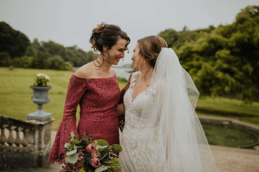 rich red and pink wedding flowers wedding bouquet inspiration, oversized wedding bouquet, red bridesmaids dress, lace bridesmaids dress, burgundy bridesmaids dress