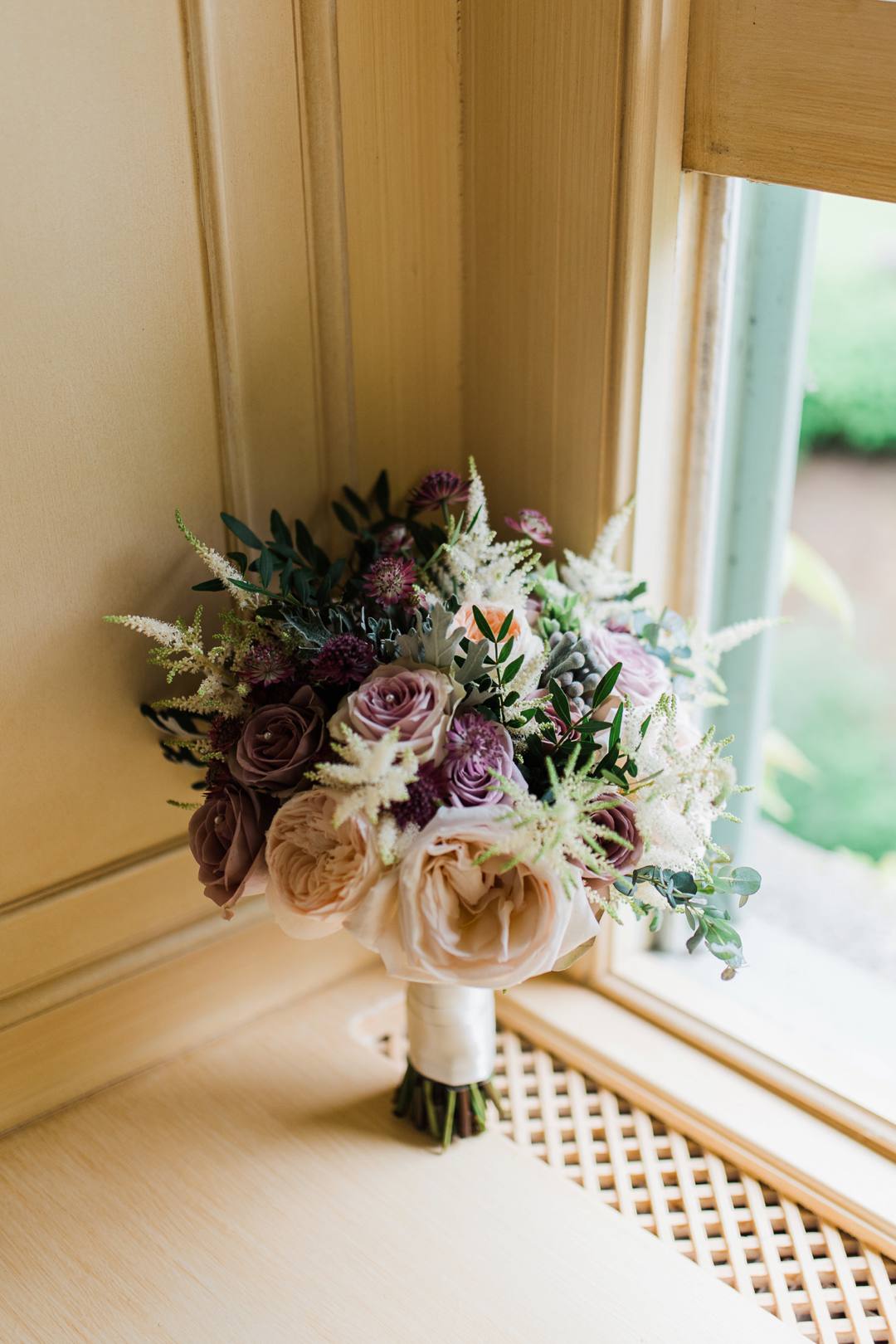 vintage inspired wedding bouquet, lilac roses, purple roses, cream roses