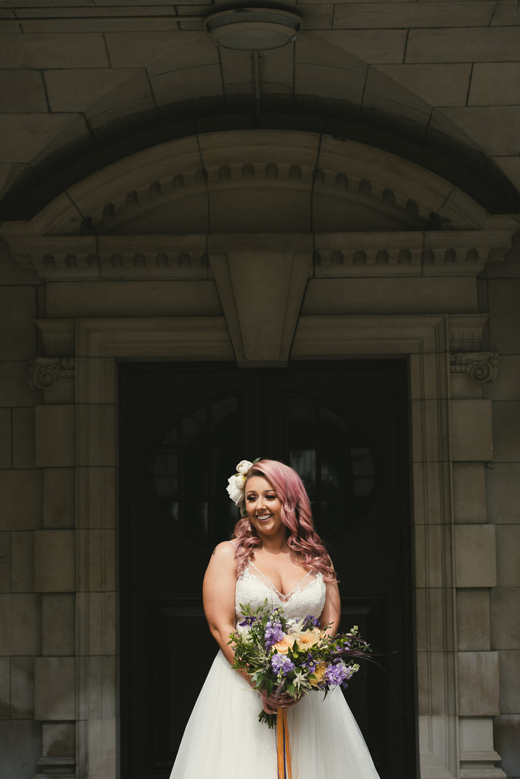 pink hair bride, bombshell wedding dress, vintage bridal style