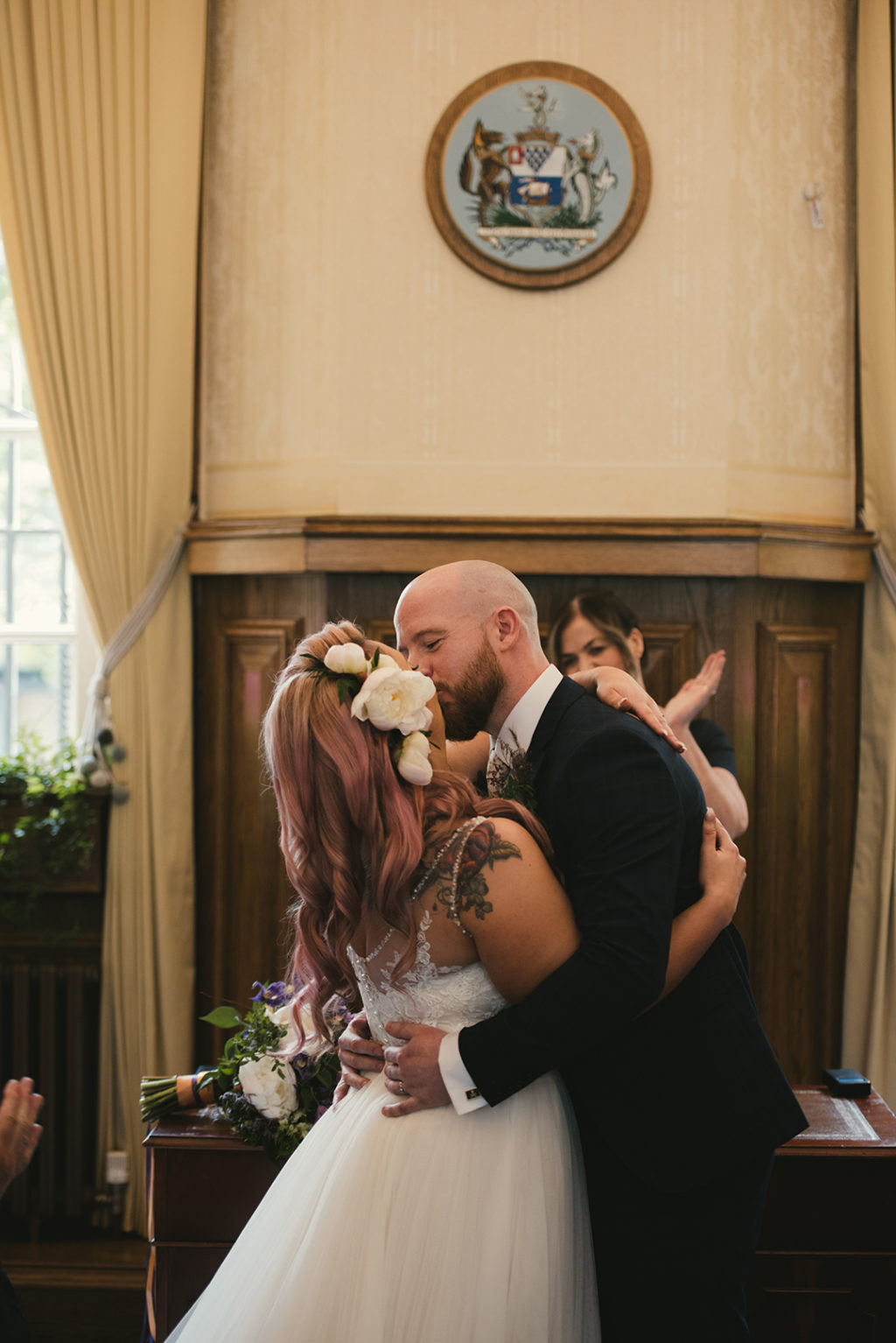 pink hair bride, bombshell wedding dress, vintage bridal style