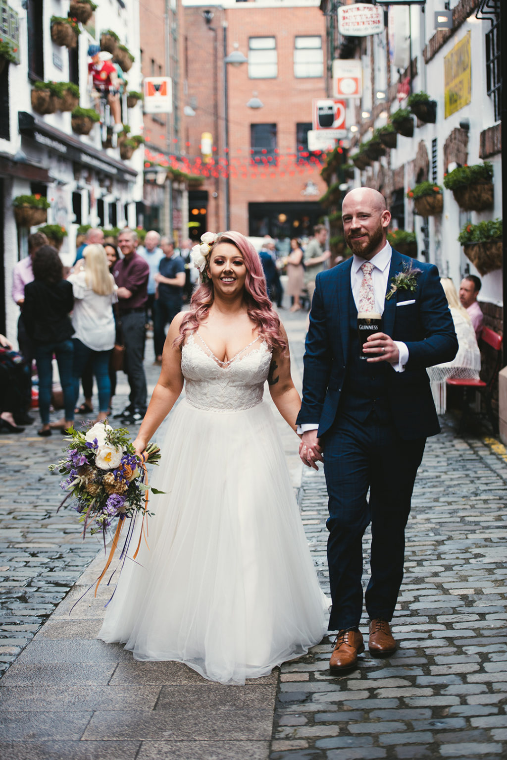 pink hair bride, bombshell wedding dress, vintage bridal style