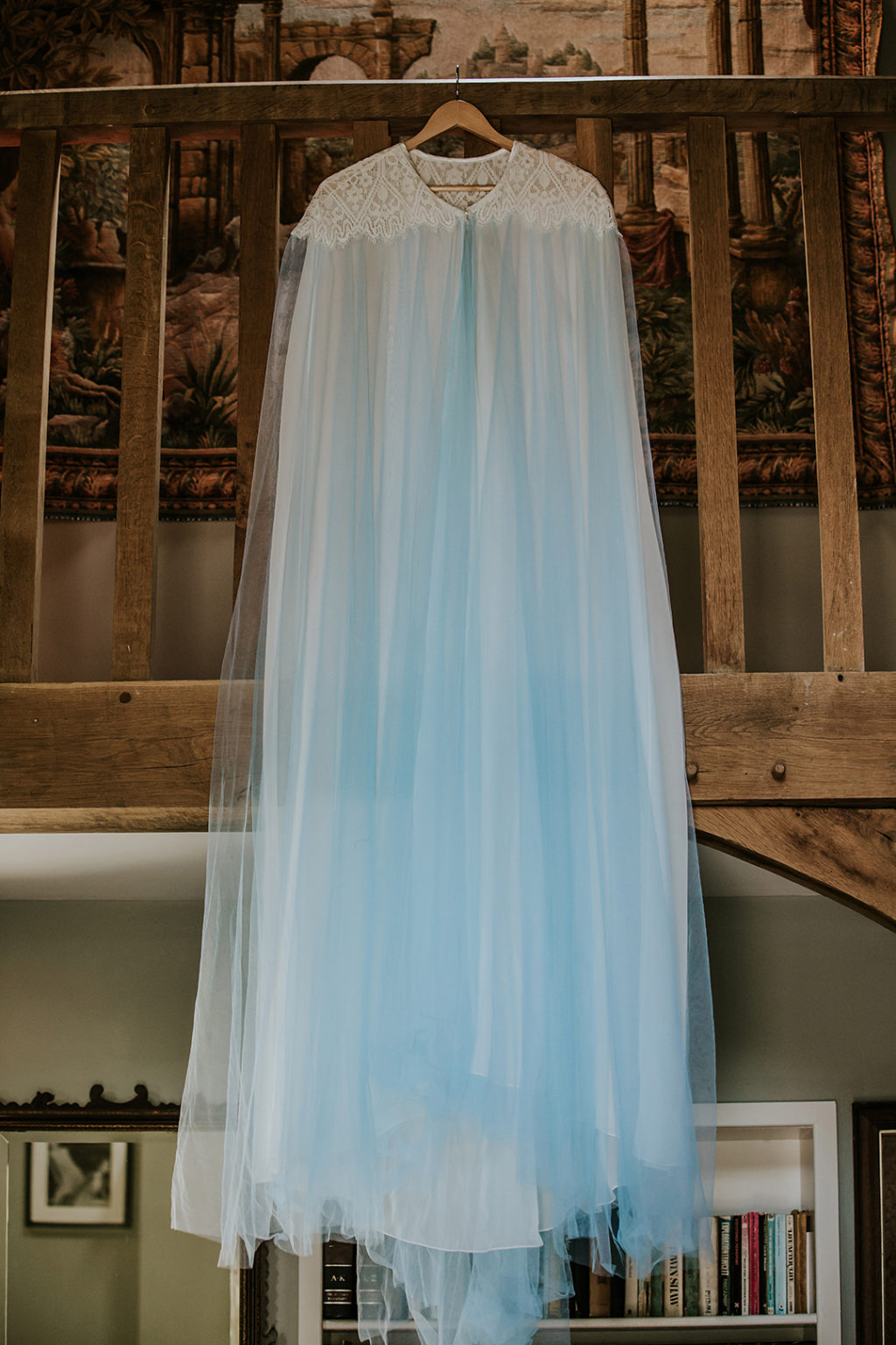 blue wedding dress, blue wedding cape, wedding cape