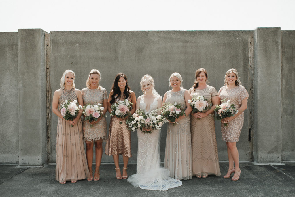 embellished bridesmaids dresses, sequin bridesmaids dresses, champagne bridesmaids dresses, Galia Lahav wedding dress, plunging neckline wedding dress, lace wedding dress, embellished wedding dress, vintage wedding flowers, pink and peach wedding flowers, oversized wedding flowers, oversized wedding bouquet, huge wedding bouquet