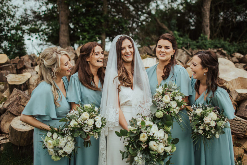 Ashley Park House wedding, Laure De Sagazan wedding dress, cornflower blue bridesmaid dresses, midi bridesmaid dresses