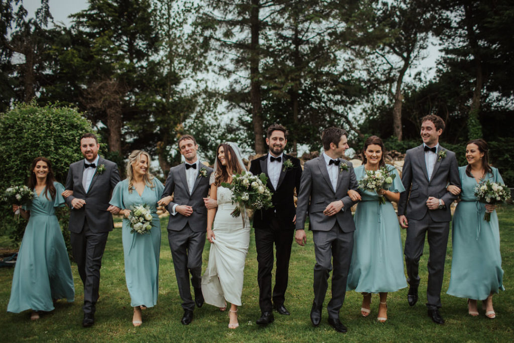 Ashley Park House wedding, Laure De Sagazan wedding dress, cornflower blue bridesmaid dresses, midi bridesmaid dresses