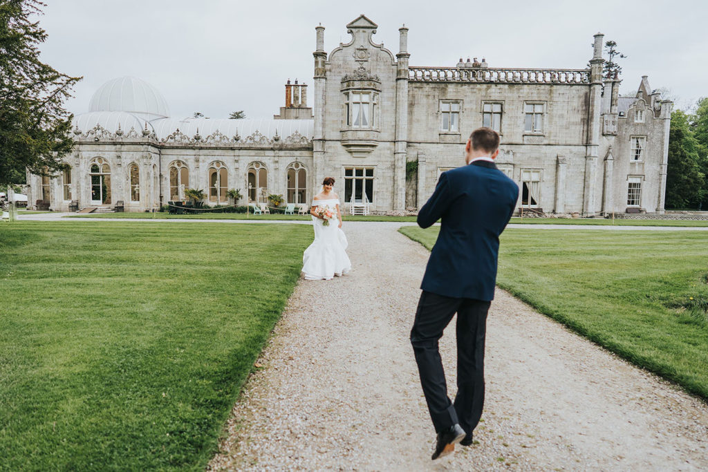 romantic first look, Killruddery House and Gardens Grain Store wedding